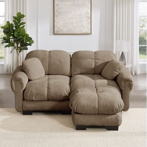 Divano angolare modulare a L in ciniglia marrone, 190x149x90 cm, con ottomana mobile - OKWISH (1/5)