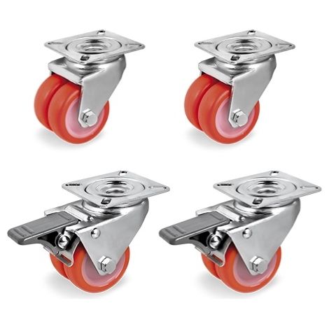 Lot de 4 roulettes JUMELÉE pivotantes et pivotantes à frein polyuréthane ROUGE 50 mm - 420 Kg (1/3)