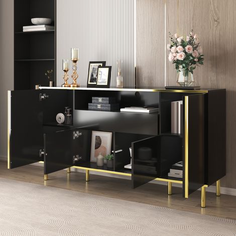 Rangement organisé et ambiance lumineuse, buffet noir brillant 150x40x80 cm pour salon ou chambre (1/5)