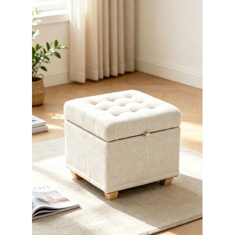 pouf de rangement carré tabouret assise en tissu lin pieds en bois massif multifonction banc à chaussures pour entrée salon chambre design capitonné (1/5)