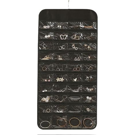 Sac de rangement à bijoux à suspendre avec 80 grilles pour boucles d'oreilles, colliers, montres - En tissu non tissé - Étanche et anti-poussière - Avec crochet en acier inoxydable (80 noir) (1/5)