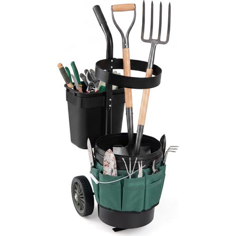 Chariot de Jardin à Roulettes, Chariot d’Outils Mobile avec Seau 20L, Bac 5L, Sac en Tissu Oxford&Panier Rond, pour Ranger Déchets Pelouse&Outils (1/5)