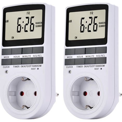 Prises avec minuterie numériques, écran LCD, 10 programmes programmables, 24h/7j, compatible appareils électriques UE AC230V (lot de 2) (1/5)