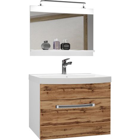 BELINI Meuble de Salle de Bain Lavabo Inclus, Meuble sous-Vasque et Miroir de Salle de Bains Largeur: 60 cm Kit d'éclairage Inclus Couleur : chêne wotan (1/5)