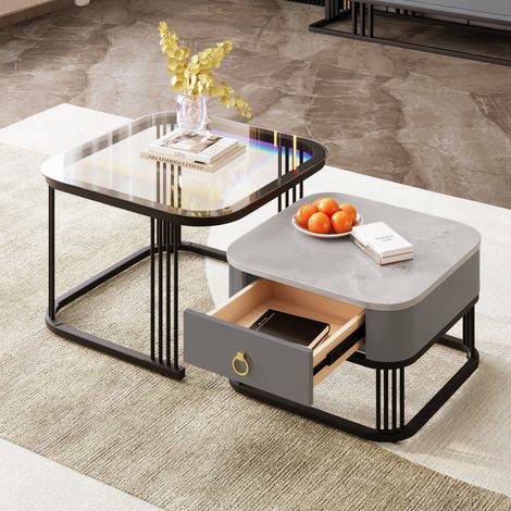 Table basse empilable effet marbre haute brillance avec plateau en verre et pieds noirs, table d’appoint avec tiroirs, lot de 2