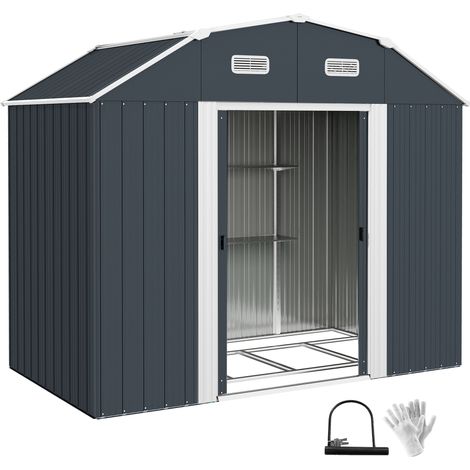 Caseta de jardín de acero galvanizado 2,7 m² con 2 puertas correderas y estantes, gris oscuro (1/5)