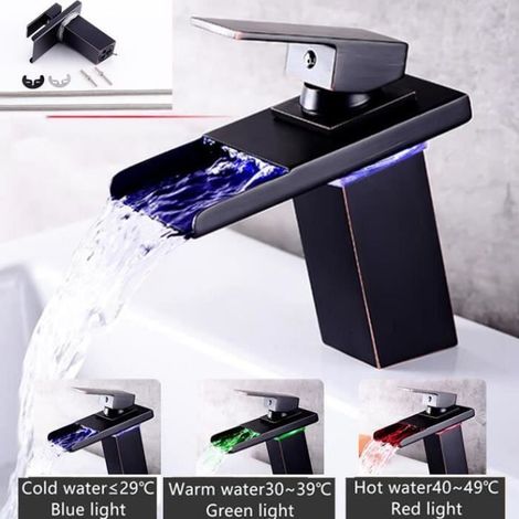 Robinet Mitigeur Salle de Bain LED Style Moderne Lumières Bassin évier Contrôle la Température RGB de Couleur Robinets Noir (1/4)