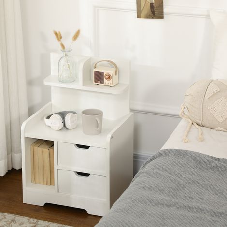 Table de Chevet Table de Nuit Multi-Rangement 2 tiroirs Niche étagère en bois Blanc