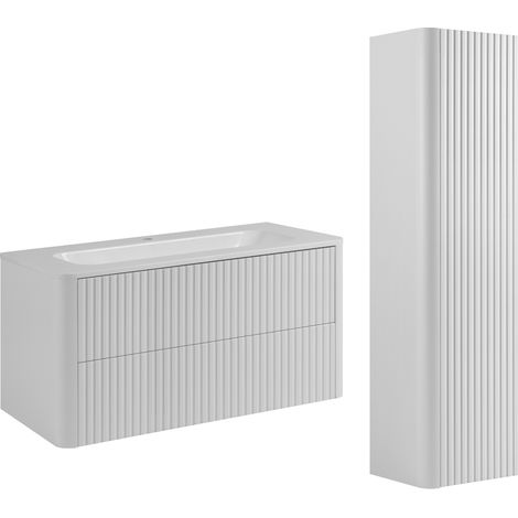 Set di mobili da bagno, 2 cassetti, chiusura ammortizzata, Bianco, 100,3 x 43,7 x 48,4 cm (1/5)
