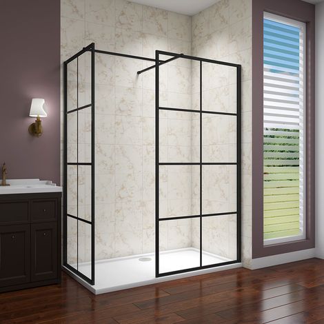 AICA 1100x800x1850mm Two Glass Black Walk In Wet room Shower Enclosure 8mm Nano Glass Screen