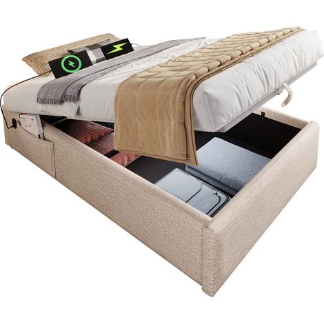 Lit coffre 90x200 cm en lin beige/naturel avec sommier plein en bois massif, ports USB/Type-C, sans tête de lit (1/5)