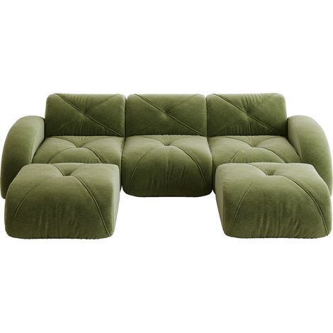 Divano modulare a U 3 posti verde in chenille con 2 pouf, senza montaggio (1/5)