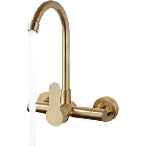 Robinet de cuisine Robinet mural de cuisine en or brossé, robinet mitiur d'eau d'évier rotatif en acier inoxydable sans plomb(Gold B) (1/5)