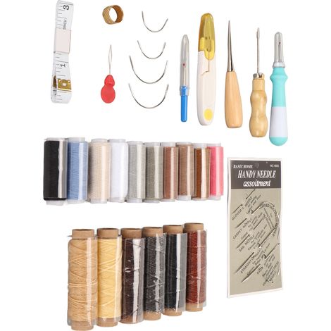 Kit de couture pour cuir : fil ciré de 16 couleurs, aiguilles à coudre à gros chas, poinçon, dé à coudre, outils et fournitures pour le travail du cuir. (1/5)