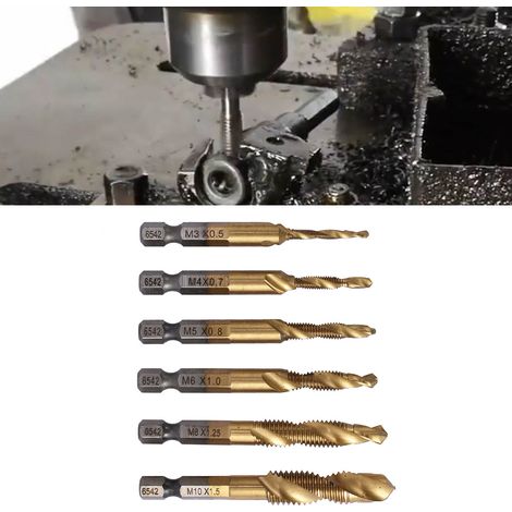 Jeu de 6 forets tarauds combinés métriques M3 M4 M5 M6 M8 M10, acier rapide robuste avec revêtement titane, haute vitesse, lot de perçage et taraudage. (1/5)