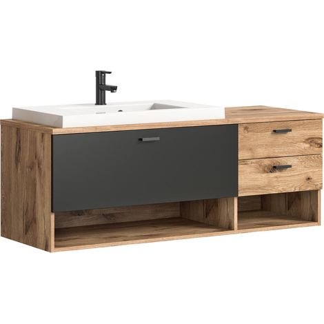 Grado Waschbeckenunterschrank 140cm 3 Schubladen, 2 Ablagen Eiche dekor,matt grau.