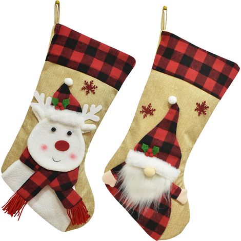 Chaussette De Noël - En Lin Velours Et Toile De Jute - Design 3D Avec Anneau De Suspension - Pour Décoration Intérieure - Lot De 1 (1/5)