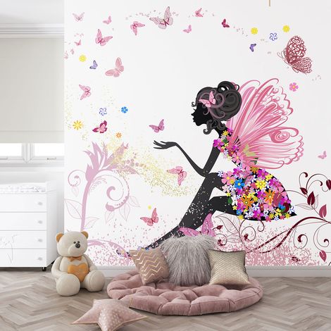 Papier peint panoramique Enfants - Fée Fleurs Papillons - 130 cm x 130 cm (1/4)