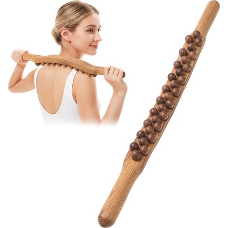 Masseur Gua Sha en bois, masseur de drainage lymphatique, 31 perles de bois thérapeutique, outils de massage pour douleurs au cou et au dos, ventre et jambes (1/5)
