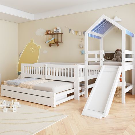 Lit cabane enfant 90x200 cm en bois blanc, avec rangement, gain de place chambre FloraGrace (1/5)