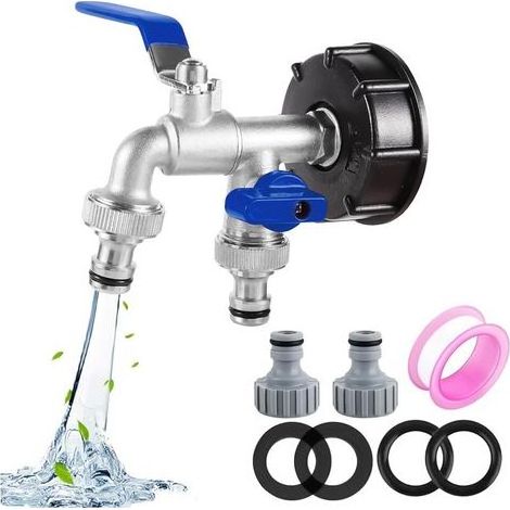 Robinet Cuve 1000L S60X6 IBC Raccord Robinet avec raccord de tuyau Robine double sortie 1/2"+3/4"Adaptateur de Réservoir en Alliage d\'aluminium Robinet de Jardin avec Adaptateur en Plastique(bleu) (1/5)