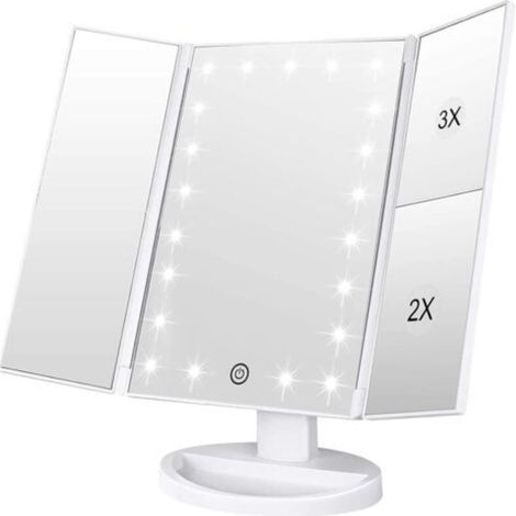 ALLIANDISMiroir de courtoisie avec 21 lumières LED, écran tactile réglable et grossissement x1/x2/x3, miroir de maquillage pliable en trois parties (blanc) (1/4)
