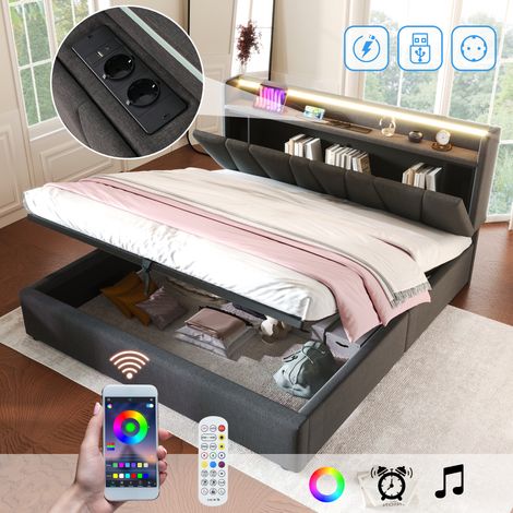 Lit Coffre 140x190 cm avec espace de rangement, Tête de Lit avec LED, USB-C et Prises, Sommier à Lattes - Gris (Sans matelas) (1/5)