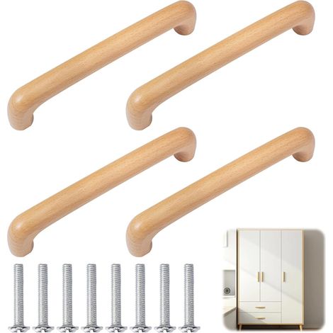 4 pièces poignées d'armoire en bois, poignées en bois de 145 mm, poignée de meuble à surface cirée, poignées de cuisine solides incurvées, poignée de rehausse en bois, poignée en arc pour portes, plac (1/5)