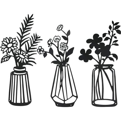 3 Pièces Fleurs en Métal Décoration Murale Art Mural en Métal Noir Sculpture Murale Florale en Métal pour Patio Balcon Salon Chambre Salle à Manger Décorations de Cuisine