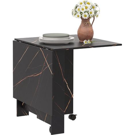 Table noire effet marbre pliante sur roulettes avec 2 rallonges, 120x80x73 cm, 6 couverts, design élégant pour repas