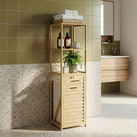 Badregal mit Wäschesammler Anun 130x36x33 cm Bambus Holzfarben [en.casa]