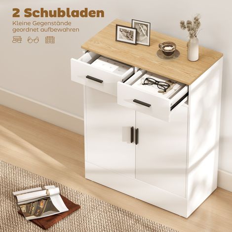 Buffet de rangement en bois naturel et blanc, commode 2 tiroirs avec étagère ajustable, meuble pour cuisine, salon ou entrée. (1/4)