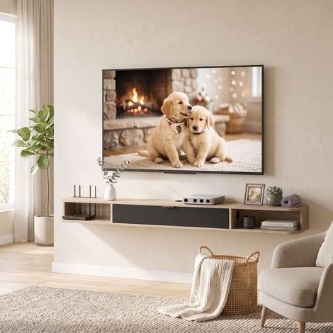 Meuble TV suspendu, meuble télé pour téléviseur jusqu'à 75 pouces, tiroir rabattable 2 étagères 180x24x16cm bois naturel (1/5)