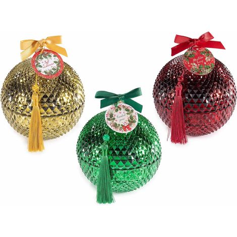 Candele profumate natalizie in vetro a pallina con fiocco e nappina set 3 fragranze Ø10,5x12 cm (1/3)