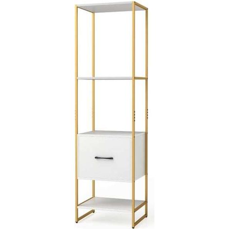 Bibliothèque blanche étroite à 5 niveaux en métal avec tiroir, pieds réglables et kit anti-basculement pour salon, chambre et bureau (1/5)