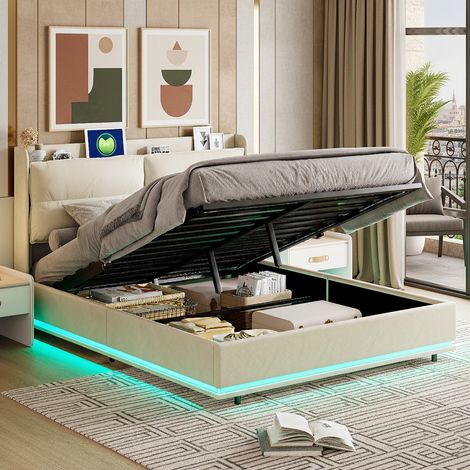 Lit coffre 160x200 cm avec éclairage LED et port USB, lit double capitonné avec rangement et tete de lit, lit pour adultes et adolescents, velours, beige (1/5)