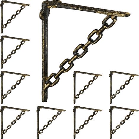 Relaxdays Set 10x Shelf Brackets, Cast Iron, Rack Support, Chain Motif, HWD: 18 x 4 x 21.5 cm, Angle for Shelves, Bronze