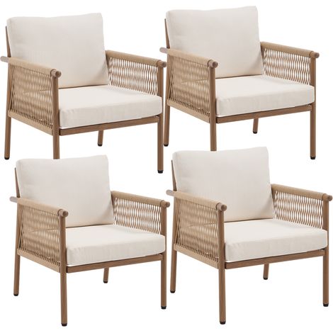 Wahson Lot de 4 Chaises de Jardin Exterieur avec Dossier en Corde Tressée, Fauteuils d'Extérieur avec Cadre en Métal, Chaise Exterieur pour Terrasse Cour Balcon, Beige (1/5)