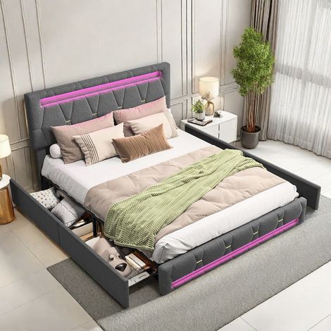 Lit coffre de 140 x 200 cm avec bandeau lumineux LED–Lit double de 140 x 200 cm avec quatre grands tiroirs–Tête de lit rembourrée et réglable en hauteur–Lin–Gris foncé