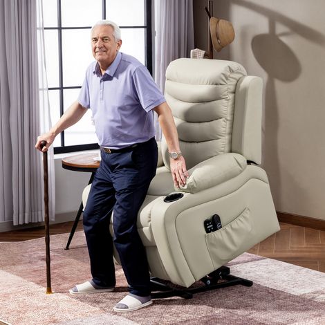 Fauteuil inclinable électrique avec assistance au relevage, fonction massage, chauffage et ports USB. Revêtement en polyuréthane couleur crème. (1/5)