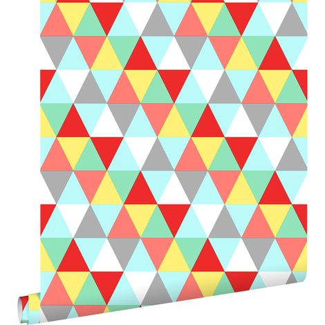 papier peint triangles rouge, jaune et bleu - ESTAhome (1/5)