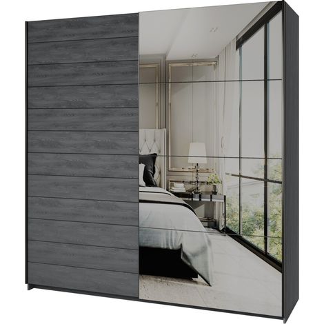 Armadio con 2 porte scorrevoli 200cm Color grigio effetto legno con specchio. Collezione FLOYD