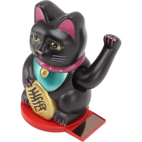 Chat porte-bonheur lumineux solaire en plastique noir de 10 cm avec base rotative, idéal pour la maison ou l'hôtel. (1/5)