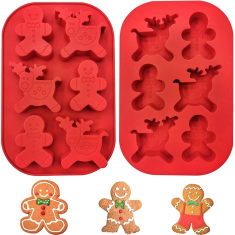 Juego de 2 moldes con formas de reno y pan de jengibre, de silicona apta para uso alimentario, resistentes de -40 °C a 230 °C, para hornear en Navidad. (1/5)