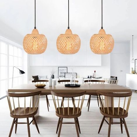 Lot de 3 Suspension en Bambou Tissage Lustre Style bohème Abat-jour en bambou Lampe de plafond Vintage pour Salon Chambre (1/5)