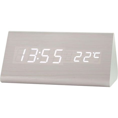 Réveil numérique LED triangulaire avec commande vocale, fonction snooze, affichage de la date, température et hygrométrie, blanc, horloge électronique moderne pour chevet. (1/5)