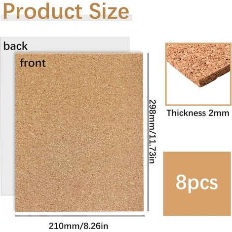 8 selbstklebende Korkplatten 30x21cm, rechteckige Korkuntersetzer, Korkfliesen zur Wanddekoration, für Bastelarbeiten und als Pinnwand (2mm dick) (1/5)