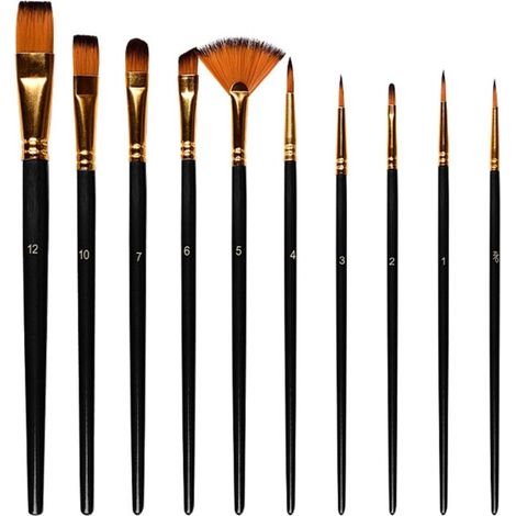 Ensemble de 10 pinceaux nylon pour peinture acrylique, aquarelle, huile et gouache, pointe fine et précise, manche en bois, idéal artistes débutants et confirmés.