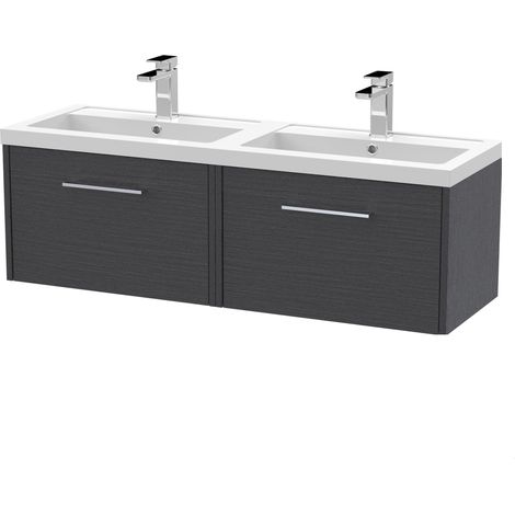 Winshill Contemporary 2 Drawer Wall Hung Vanity Unit with Thin Edge Basin, Woodgrain Dark Grey, 1200mm