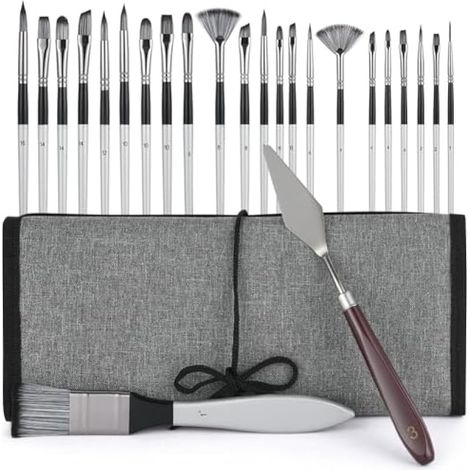 Kit de pinceaux artistiques, 24 pinceaux pour peinture acrylique, pinceaux synthétiques professionnels, tailles variées avec rouleau en tissu pour adultes et enfants, aquarelle, acrylique et peinture